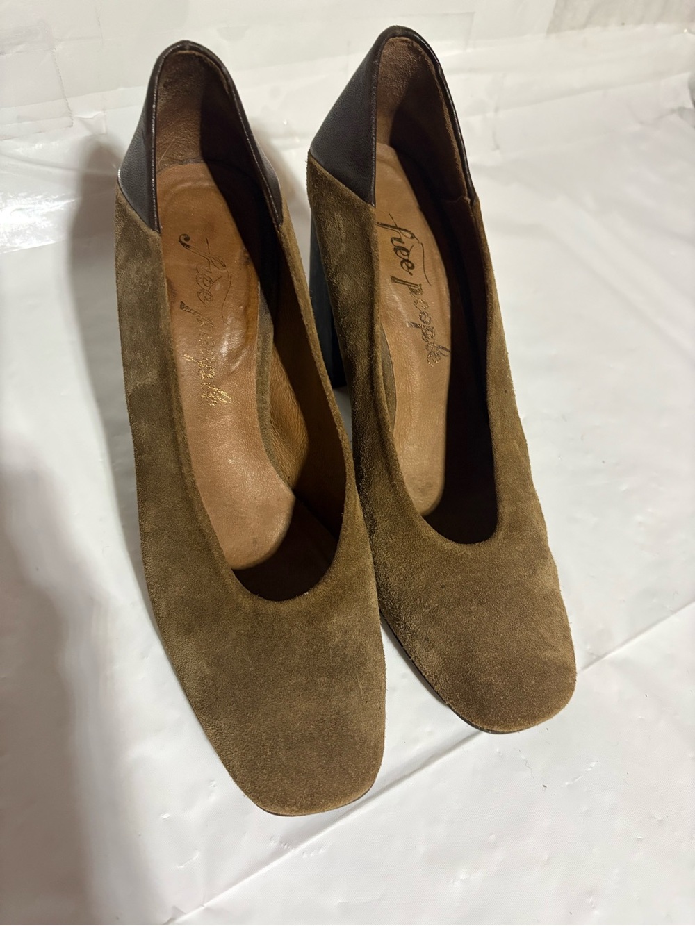 Free People Olive Suede Block Heel Pumps with Dark Brown Heel Panel